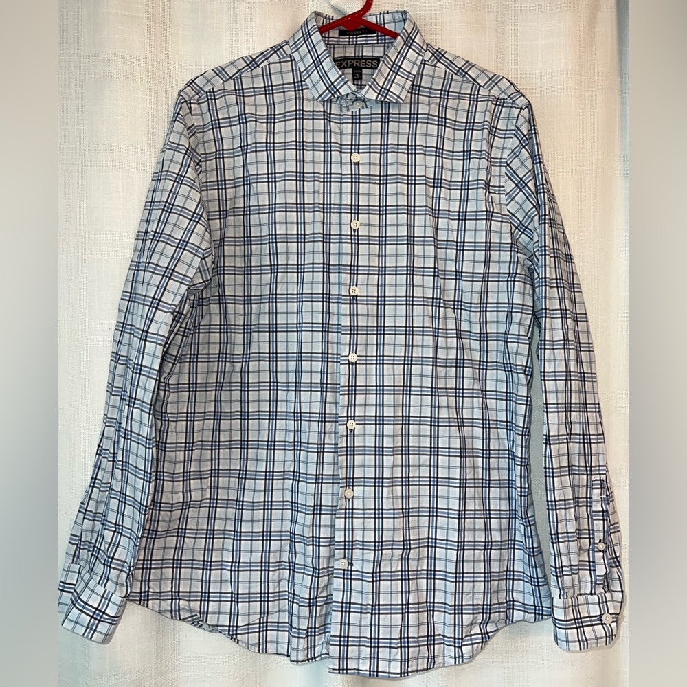 Express Men's White and Blue Button Up Large